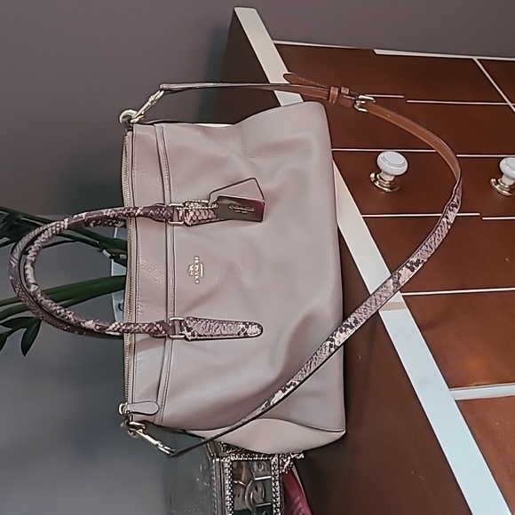 Coach Leather Shoulder and Crossbody Purse, Taupe and Snakeprint - Picture 1 of 6